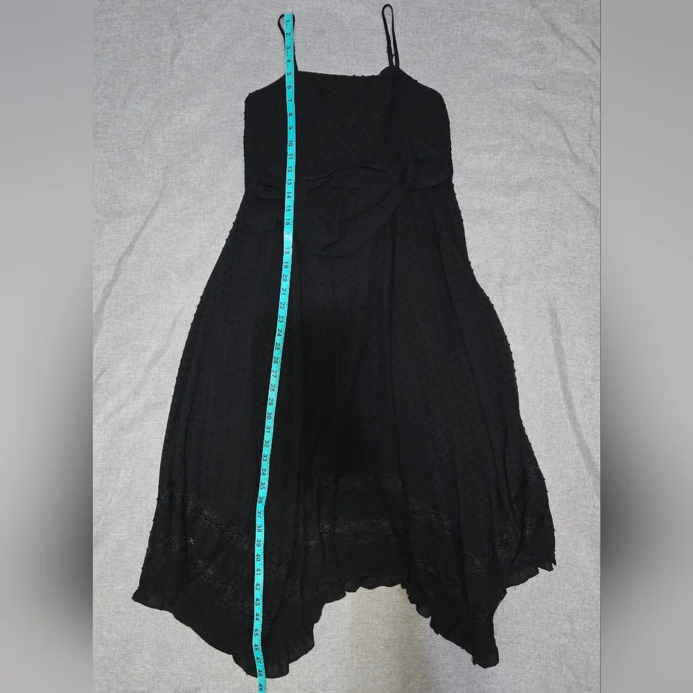 AQUA Black Midi Dress Swiss Dot Lace Inset Handkerchief Hem Tie Waist Small - Picture 13 of 15